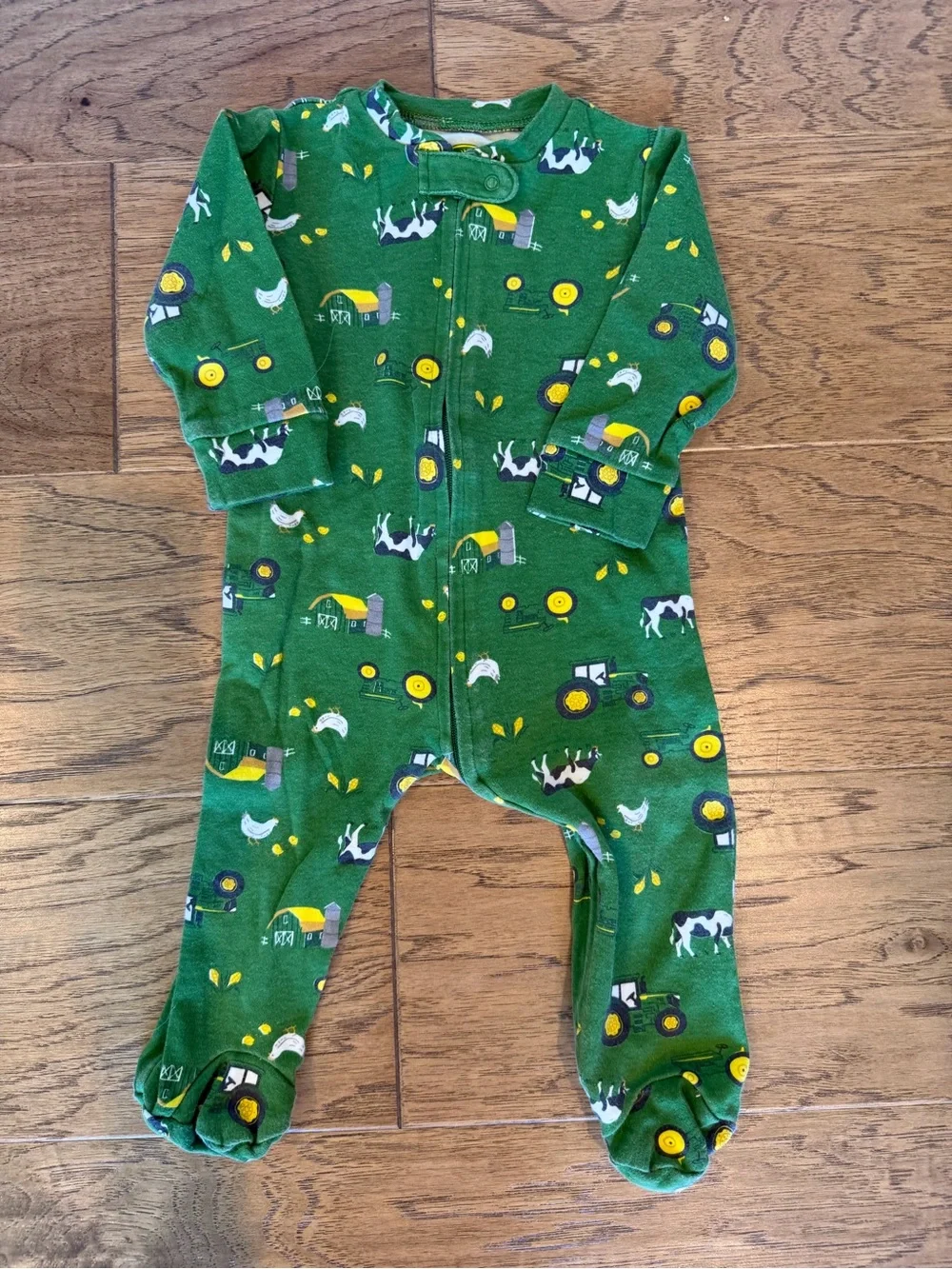 John Deere Green Tractor Print Baby Footed Sleeper & Gray Tractor Outfit Set